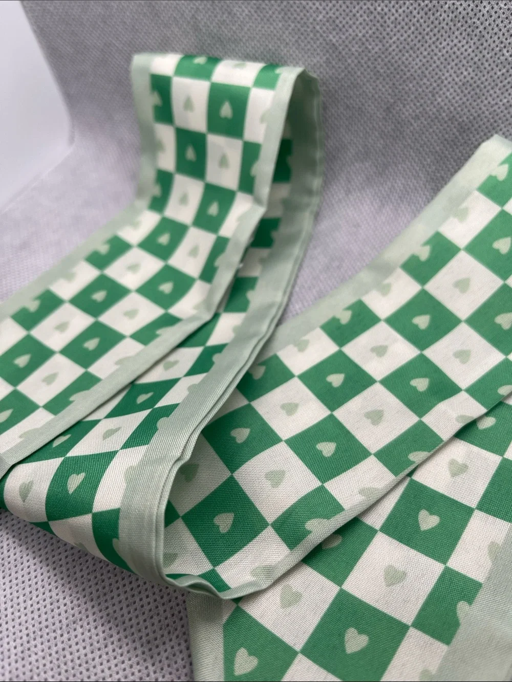 Green and White Checkered Heart Twilly Scarf